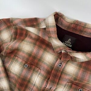 Prana Mens Large Outdoor Plaid Flannel Long Sleeve Button Up Shirt Orange Green